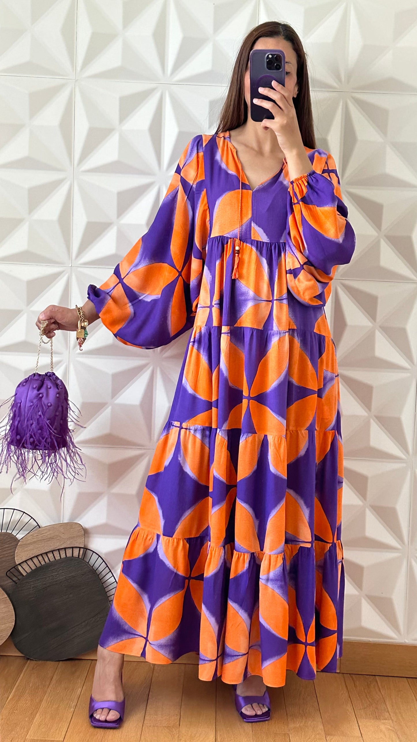 Robe babydoll à motif ondoyant avec manches bouffantes - Violet
