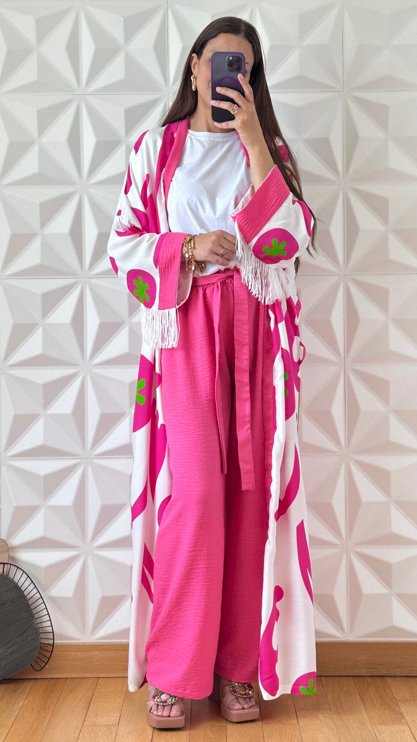 Ensemble Kimono long à manches frangés et pantalon large - Rose