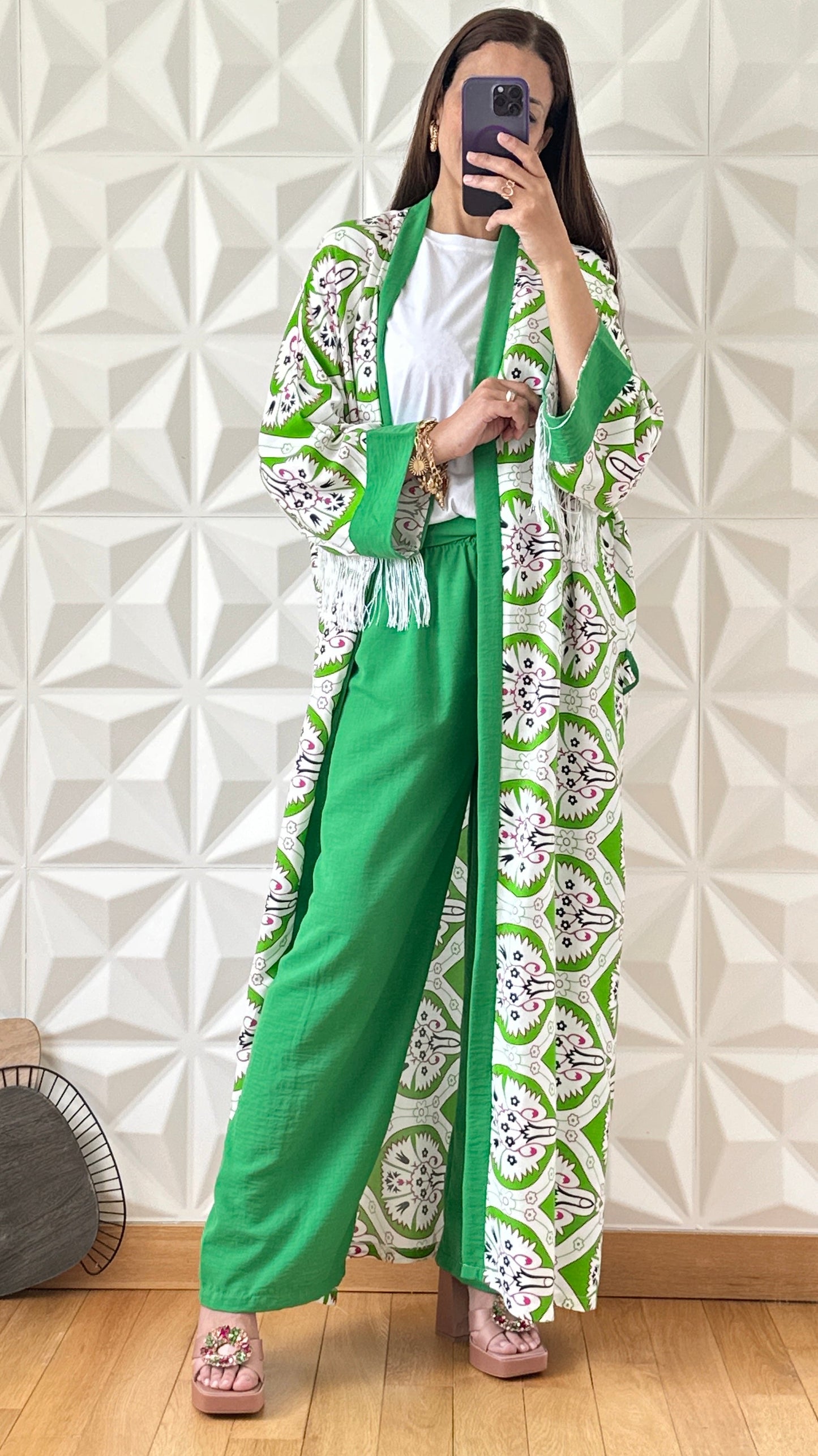Ensemble Kimono long à manches frangés et pantalon large - Vert