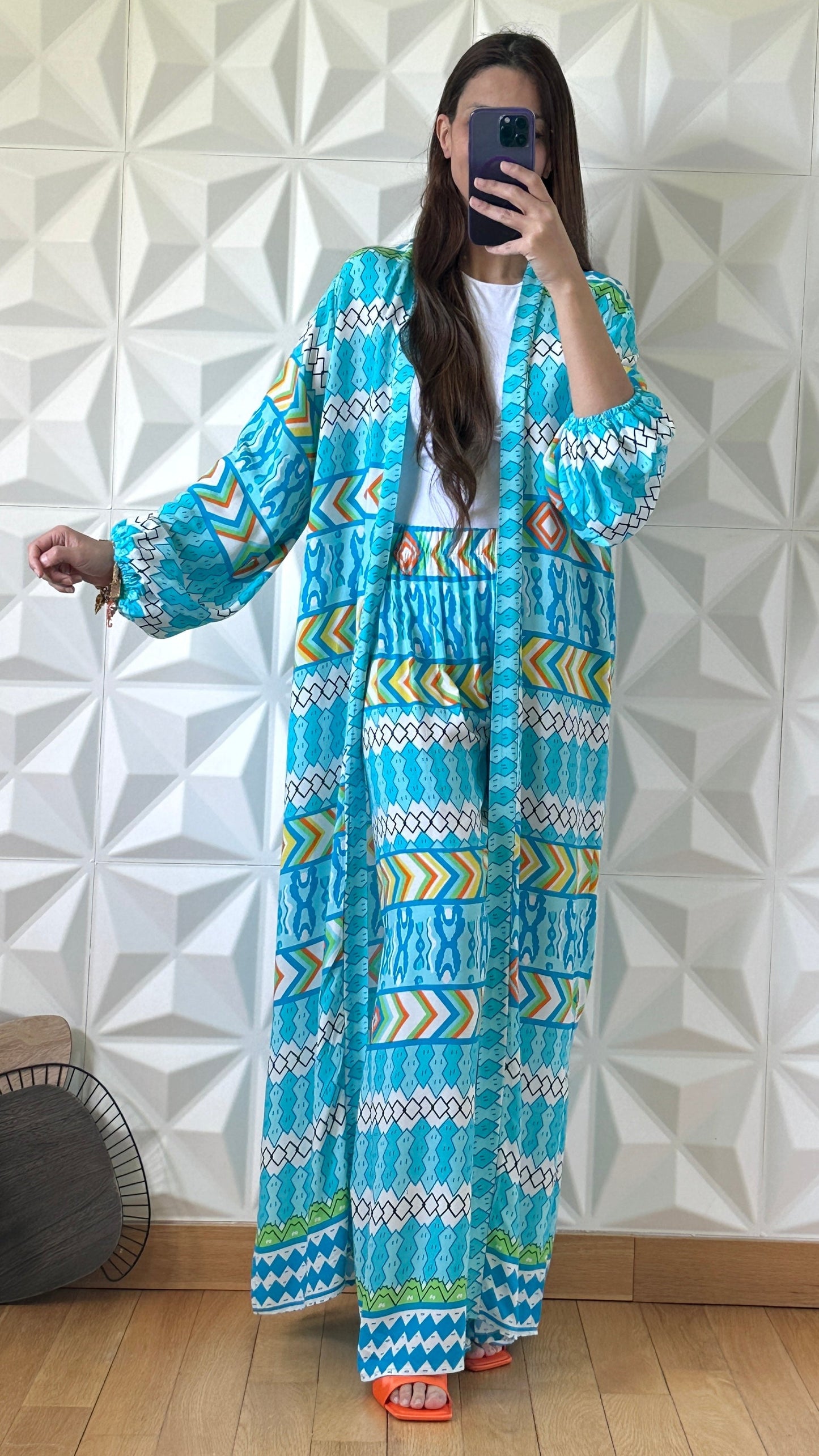 Ensemble Pantalon et Kimono long à imprimé tribal  - Bleu azur