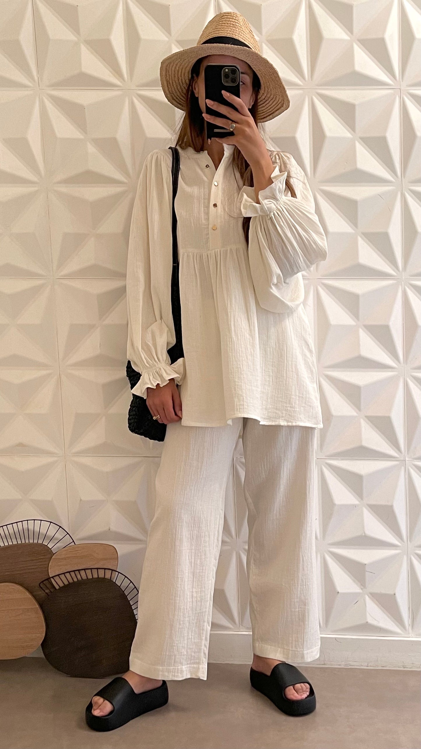 Ensemble Lin Pantalon et Chemise à smocks avec manches volumineuses - Blanc